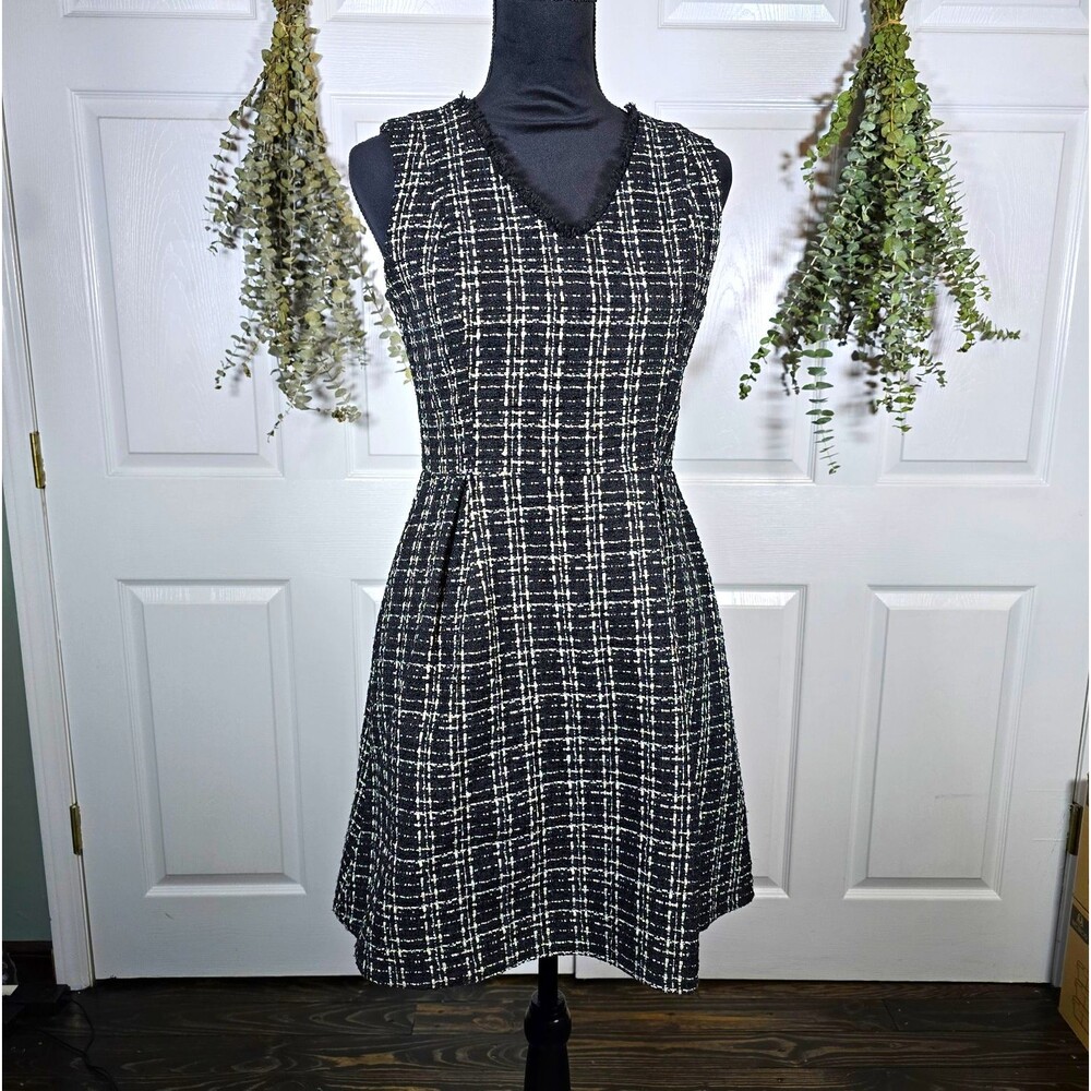 Solitaire Black White Plaid Tweed Dress V-Neck Sleeveless A-Line Sz 6